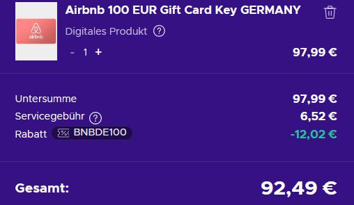 100€ airbnb Guthabenkarte für 92,49€