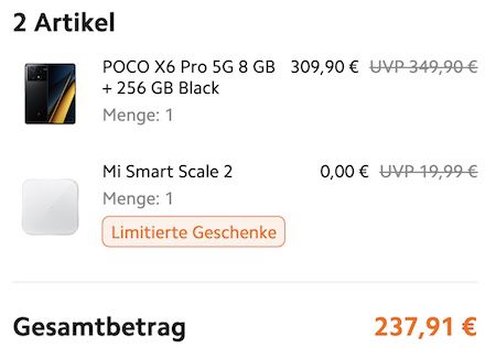 Xiaomi Poco X6 Pro 5G 256GB für 279€ (statt 302€) + gratis Smart Scale 2