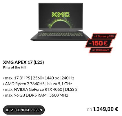 💻 XMG Apex 17 L23 Gaming Notebook mit 1 TB + RTX 4060 für 1.349€ (statt 1.599€)