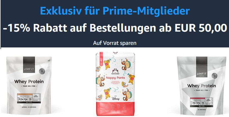 Amazon Prime: 15% Rabatt auf ausgewählte Artikel ab 50€ Bestellwert