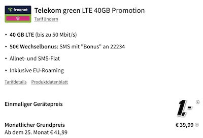 Apple iPhone 14 mit 128GB für 1€ + Telekom Allnet 40GB für 39,99€ mtl. + 50€ Bonus