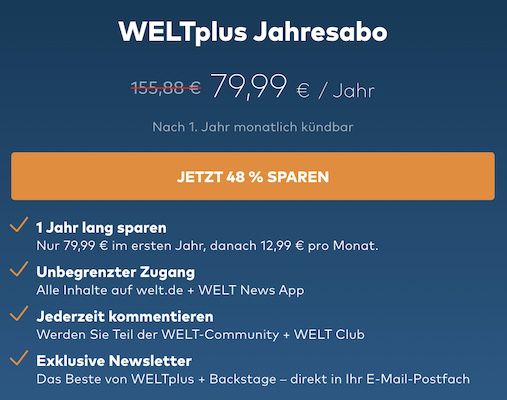 1 Jahr WELTplus inkl. Bundesliga Highlights für 79,99€ (statt 156€)