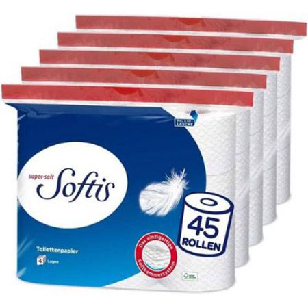 45 Rollen Softis 4-lagiges Toilettenpapier mit Softkammer-System ab 19,94€ (statt 26€)