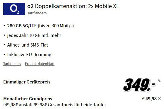 Apple iPhone 15 Pro Max für 349€ + 2x o2 Allnet 280GB 5G für 49,98€ mtl.