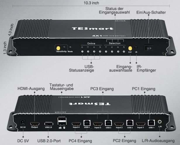 TESmart 4 Port HDMI KVM Switch 4k 60Hz mit USB & Audio für 67,96€ (statt 120€)