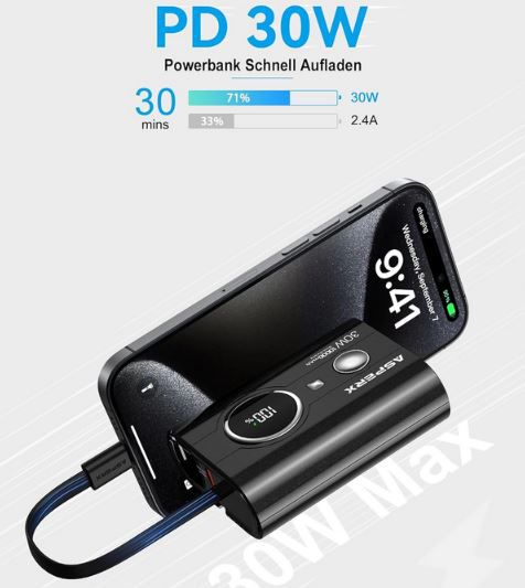 AsperX USB A/C PD 30W Powerbank mit 10.000mAh für 24,49€ (statt 49€)