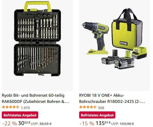🛠️ Bis zu 31% Rabatt auf Ryobi Werkzeuge   z.B. Bohrschrauber Set 136€ (statt 160€)