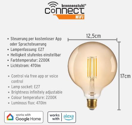 Brennenstuhl Connect WiFi Filament LED Lampe Globe für 14,49€ (statt 20€)