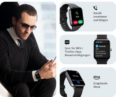 Yoever 1,8 Smartwatch mit Telefonfunktion & Alexa für 19,95€ (statt 47€)