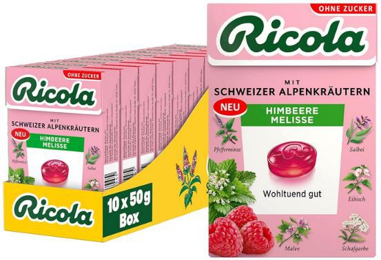 10er Pack Ricola Himbeere Melisse, zuckerfrei, je 50g ab 14,42€ (statt 17€)