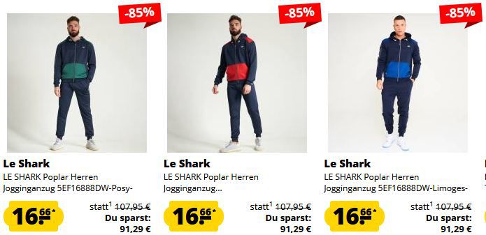 Le Shark Trainingsanzüge ab je 16,66€   Ab 50€ VSK Frei + 5€ Gutschein