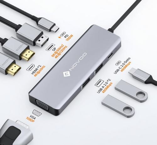 Novoo 8 in 1 USB C Docking Station mit 2x HDMI, DP + VGA für 29,99€ (statt 46€)