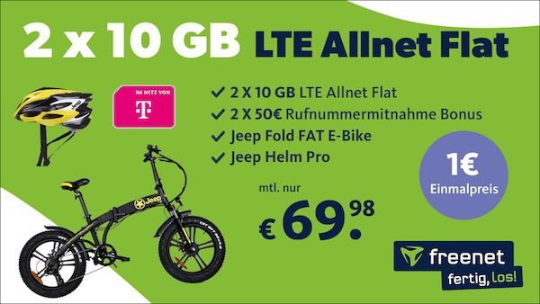 🚲📱 Jeep E Bike FR 7020 inkl. Helm Pro + 2x 10GB Telekom Allnet 69,98€ mtl. + 100€ Bonus