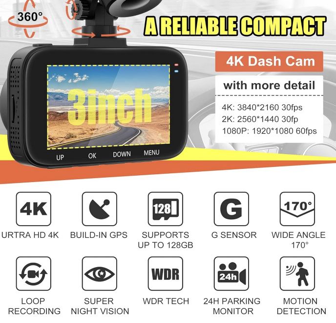 AQV 4k Dashcam Vorne & Hinten (1080p) mit GPS für 54,99€ (statt 110€)