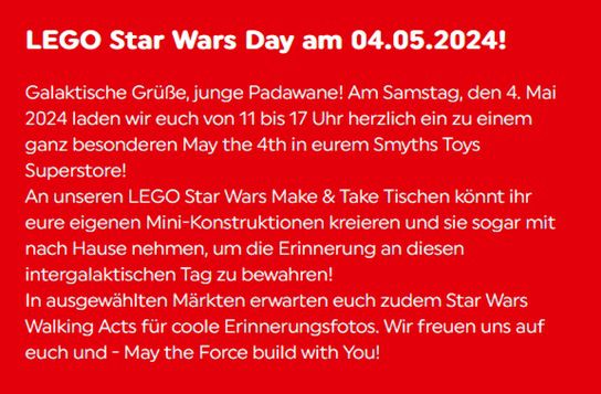 Gratis: LEGO Star Wars Day in den Smyths Toys Stores am 04.05.2024