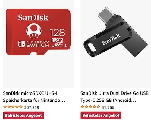 Amazon: Sandisk Speicherprodukte z.B. microSDXC Karte mit 128 GB für 17,99€ (statt 23€)