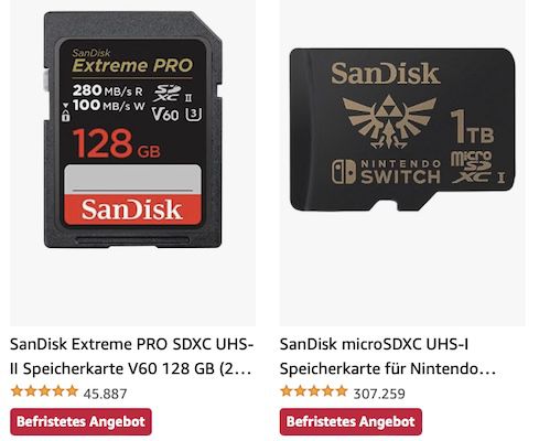 Amazon: Sandisk Speicherprodukte z.B. microSDXC Karte mit 128 GB für 17,99€ (statt 23€)
