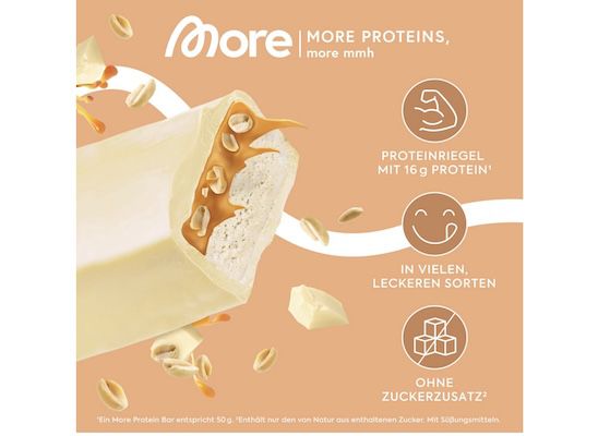 10er Box MORE Protein Bar White Chocolate Peanut Caramel ab 20,42€ (statt 27€)