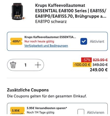 ☕ Krups EA815 Espresso  und Kaffeevollautomat 🧨 für 249€ (statt 482€)