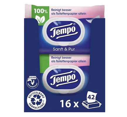 16x 42er Pack Tempo feuchtes Toilettentücher Sanft & Pur für 17,63€ (statt 25€)