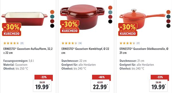 Lidl: 30% auf ausgew. Küchen Artikel   z.B. Ernesto Gusseisen Topf 31,49€ (statt 45€)