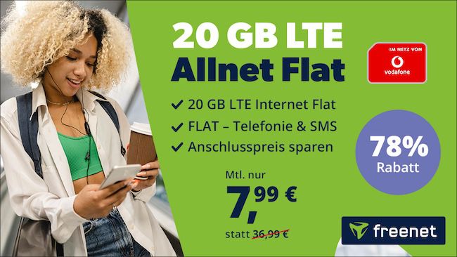 🔥 Vodafone Allnet Flat mit 20GB LTE für 7,99€ mtl.
