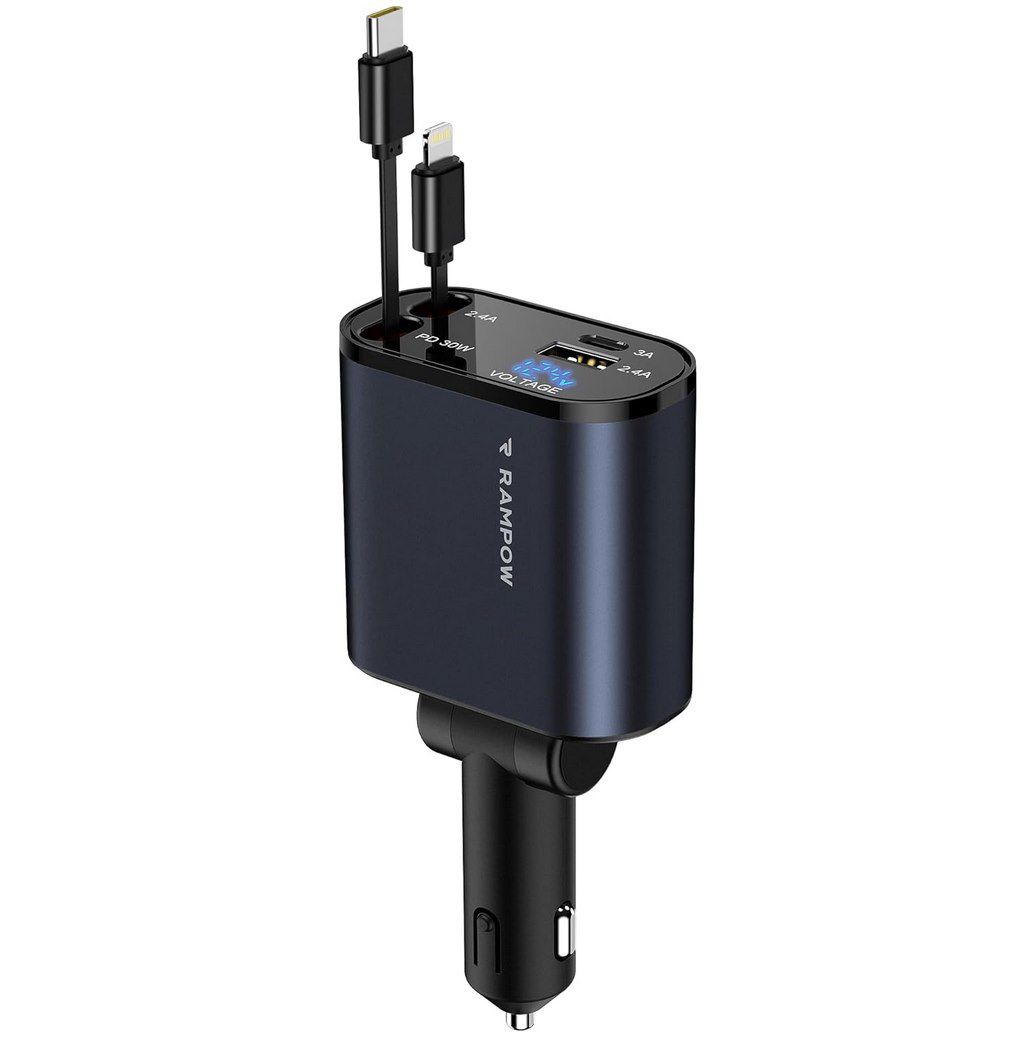 RAMPOW 65W Auto Ladegerät mit USB-C / USB Port + int. Kabeln für 18,19€ (statt 26€)