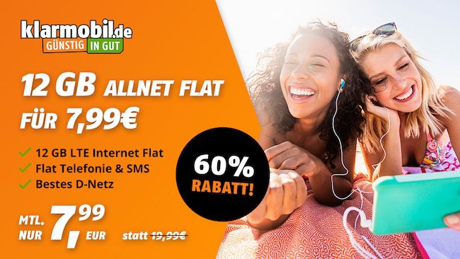 💥 Telekom Allnet Flat von klarmobil mit 12GB LTE für 7,99€ mtl.