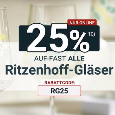 🍽️ Zurbrüggen: 25% auf Ritzenhoff Gläser z.B. Weingläser (12-tlg.) für 29,99€ (statt 44€)