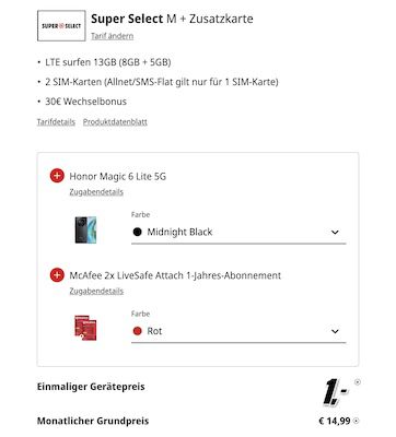 🔥 2x Honor Magic 6 Lite (256GB) für 1€ + 13GB o2 Allnet für 14,99€ mtl. + 30€ Bonus