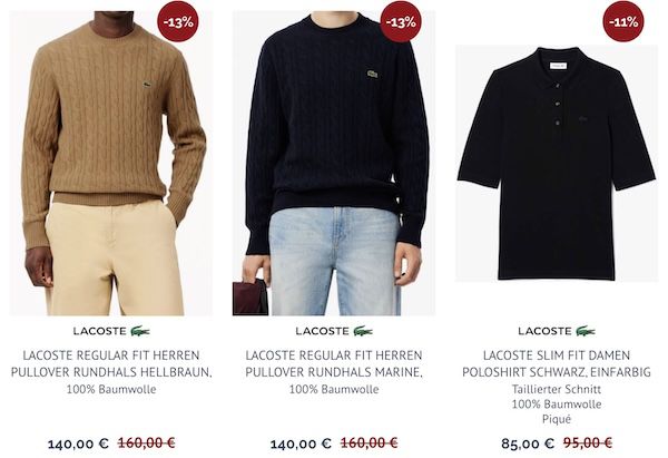 🐊 Lacoste Restgrößen Sale + 20% extra   z.B. Classic Sports Poloshirt für 68,76€ (statt 85€)