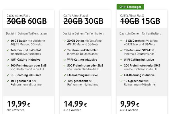 🔥 Vodafone CallYa Allnet Flat L mit 60GB LTE/5G für 19,99€ je 4 Wochen + 40€ Bonus