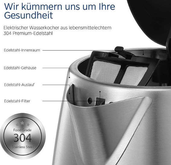 Midea MK 17S30A2 Edelstahl Wasserkocher, 1,7L für 24€ (statt 30€)