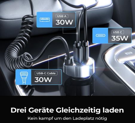 Lisen USB C/A Zigarettenanzünder Adapter mit Spiralkabel für 11,89€ (statt 20€)