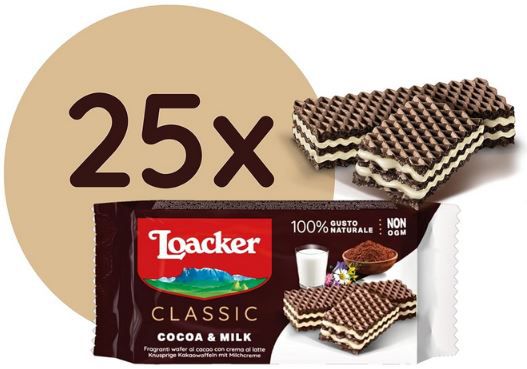 🍫 25er Pack Loacker Classic Cocoa & Milk Waffeln ab 12,08€ (statt 19€)