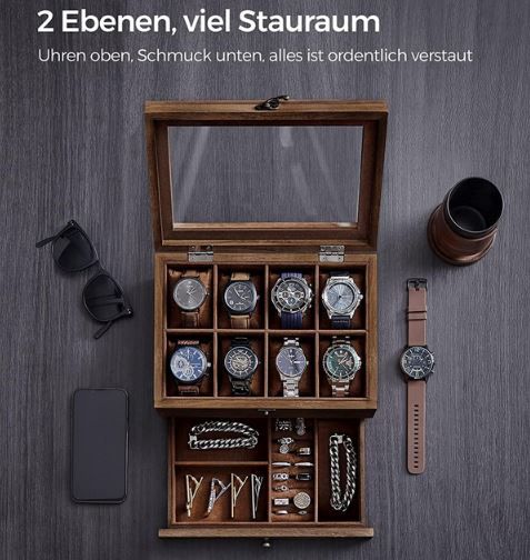 Songmics Uhrenbox mit 8 Fächern aus Massivholz für 23,75€ (statt 35€)