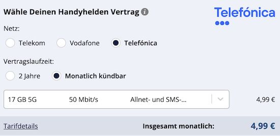 🚨 Unter 5€ 📱 o2 Allnet Flat mit 17GB 5G für 4,99€ mtl. + monatlich kündbar