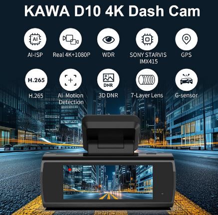 KAWA D10 4K Dashcam mit KI & Nachtsicht inkl. SD Karte für 89,19€ (statt 148€)