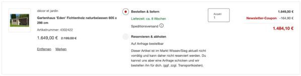 🏡 Gartenhaus Eden mit 605 x 298 cm für 1.484,10€ (statt 2.199€)