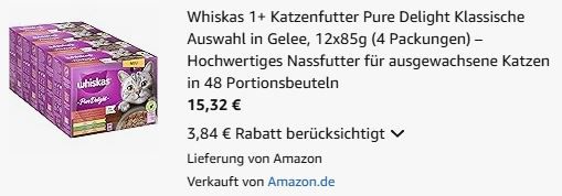 4 x 12er Pack Whiskas 1+ Katzenfutter Pure Delight in Gelee ab 15,32€ (statt 20€)