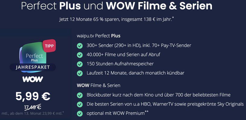 🔥 Nur 5,99€ mtl. 📺 65% Rabatt auf waipu.tv Perfect Plus inkl. WOW Filme & Serien