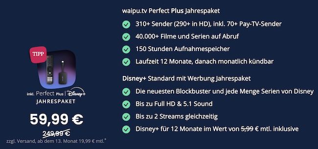 🔥 12 Monate waipu.tv (mit Pay TV) inkl. 4K Stick + 12 Monate Disney+ für einmalig 64,98€ (statt 249€)