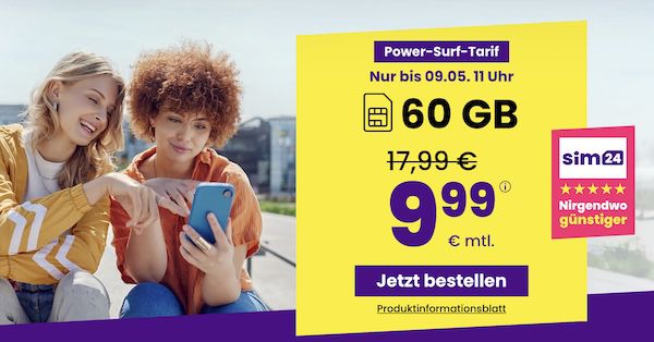 sim24 Allnet Flat mit 60GB 5G für NUR 9,99€ mtl. + monatlich kündbar!