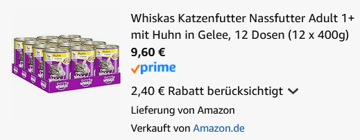 🐈 12x Whiskas 1+ Katzennassfutter Huhn in Gelee je 400g für 9,60€ (statt 19€)