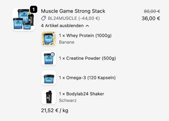 💪 Pumper Bundle: 1kg Bodylab Whey + 500g Creatine + Omega3 + Shaker für 40,90€ (statt 51€)