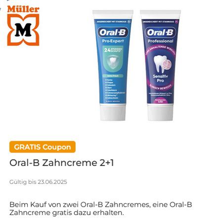 Couponplatz: 2x Oral B Zahncreme kaufen und 1x Oral B Zahncreme gratis dazu
