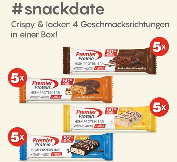 🍫 20er Pack Premier Protein High Protein Bar Multiflavourbox ab 19,75€ (statt 25€)