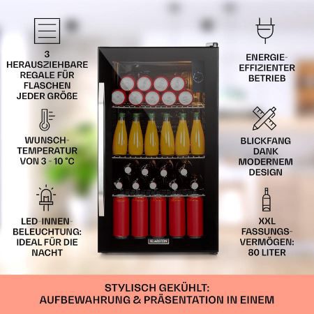 🧊 Klarstein Getränkekühlschrank mit 3 Ablagen, 80L für 215€ (statt 275€)