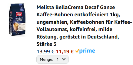 ☕ 1Kg Melitta BellaCrema Decaffeinato Bohnenkaffee ab 10,39€ (statt 15€)