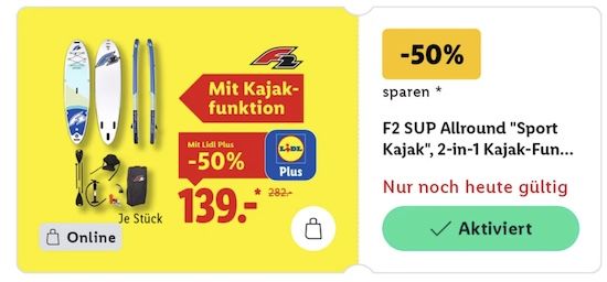 🏄‍♂️ F2 Allround SUP Board (323 cm) max 190kg für 139€ (statt 279€)